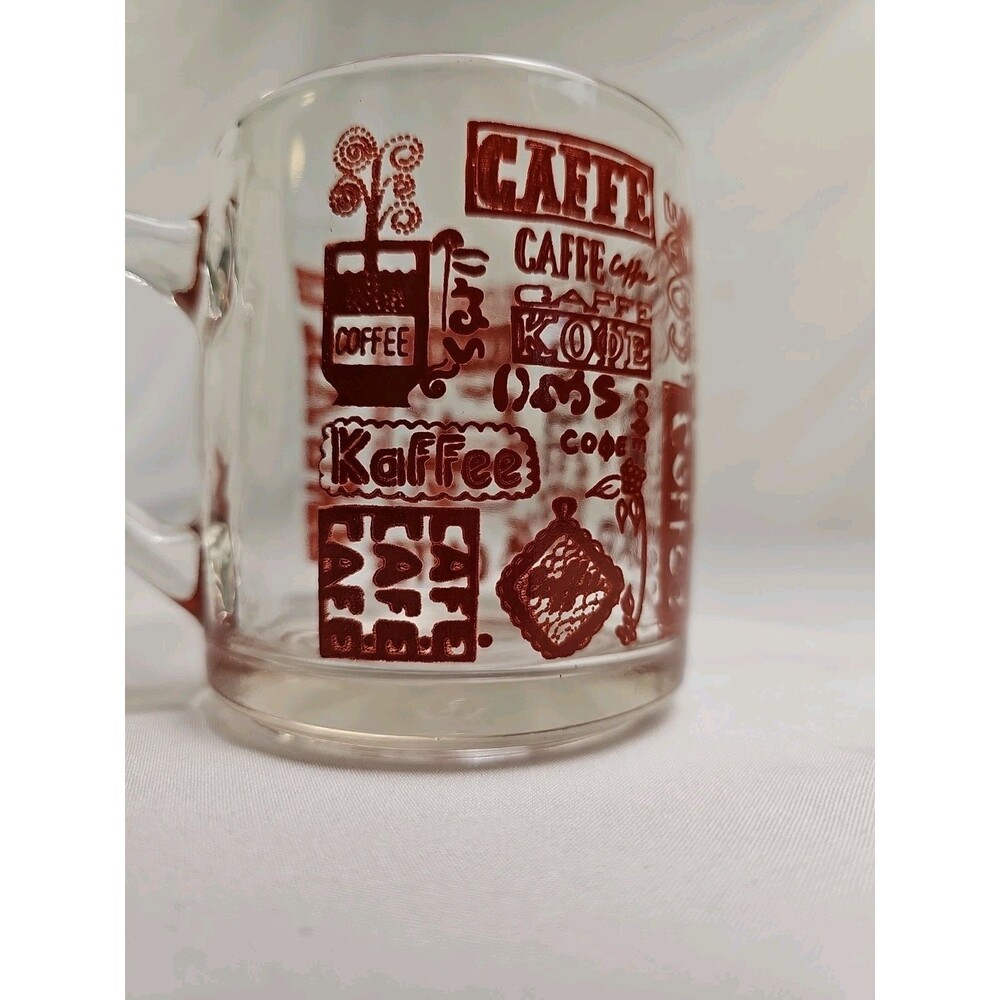 Libbey Vintage Clear Glass Coffee Mug Red Multilingual Coffee Graphics Café